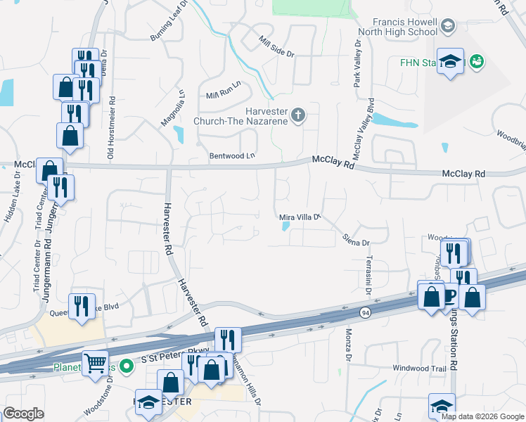 map of restaurants, bars, coffee shops, grocery stores, and more near 18 Marcus Drive in St. Peters