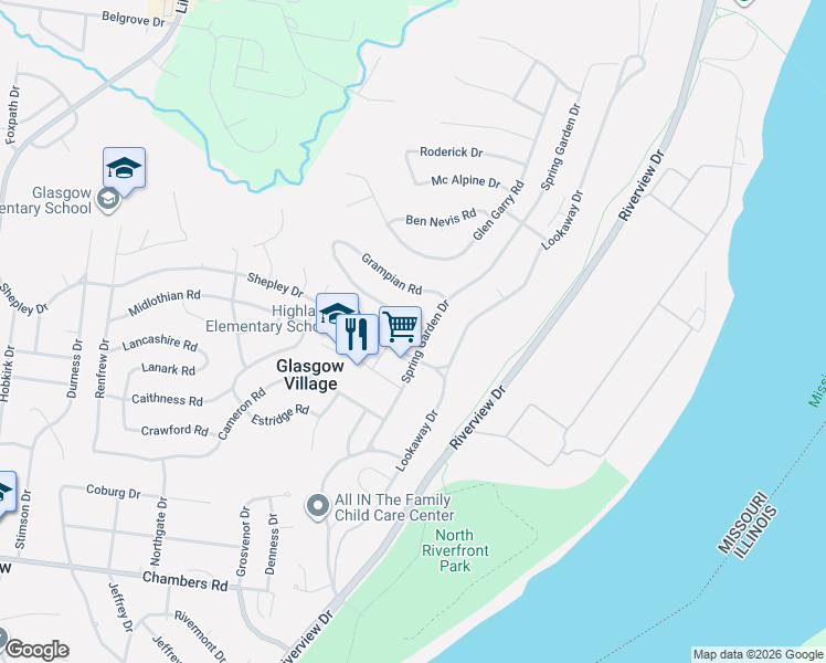 map of restaurants, bars, coffee shops, grocery stores, and more near 125 Perthshire Road in St. Louis