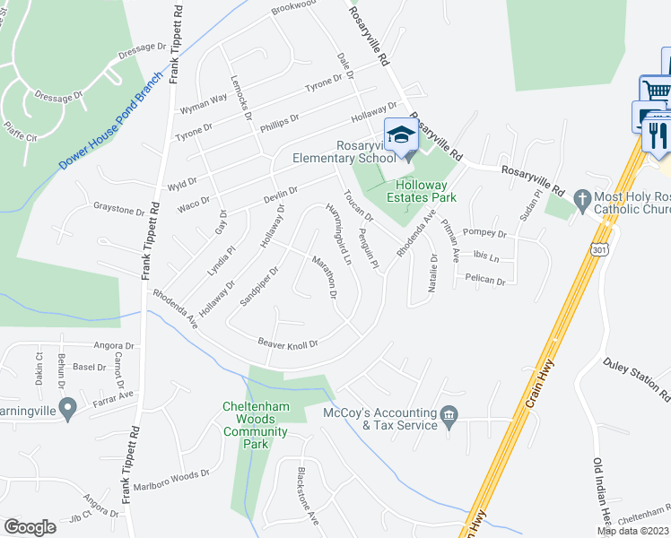 map of restaurants, bars, coffee shops, grocery stores, and more near 10808 Marathon Drive in Upper Marlboro
