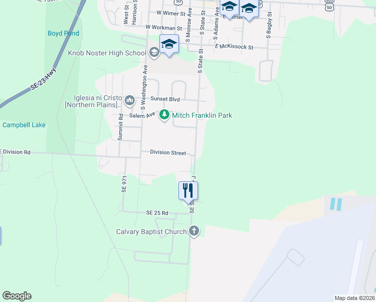 map of restaurants, bars, coffee shops, grocery stores, and more near 1227 Southeast State Highway J in Knob Noster