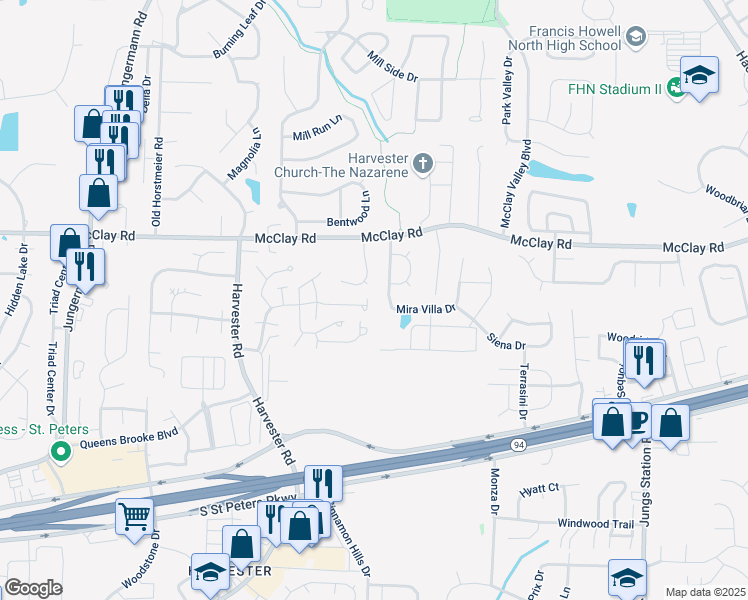 map of restaurants, bars, coffee shops, grocery stores, and more near 1044 Sugar Creek Court in Saint Peters