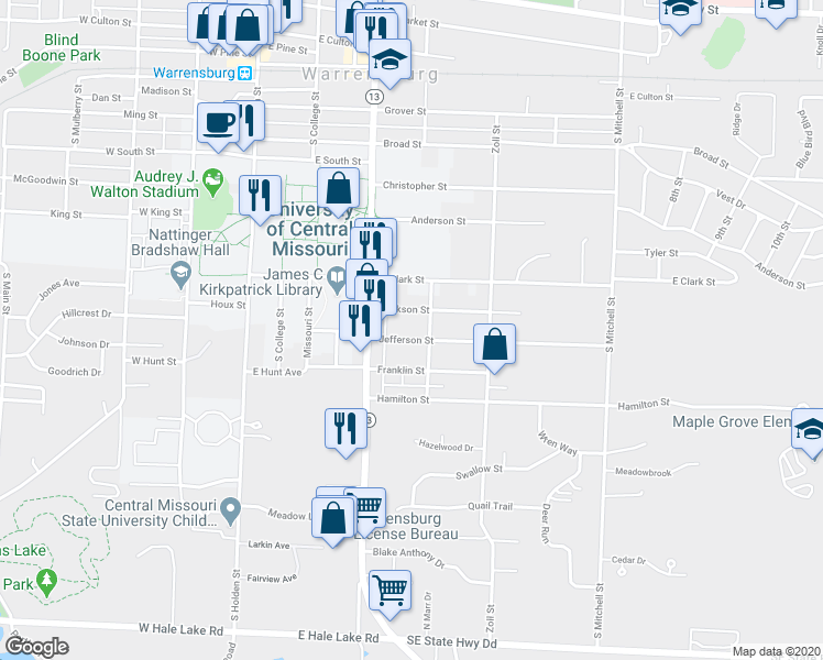 map of restaurants, bars, coffee shops, grocery stores, and more near 317 Jefferson Street in Warrensburg