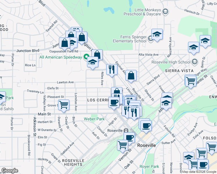 map of restaurants, bars, coffee shops, grocery stores, and more near 308 1/2 Elefa Street in Roseville