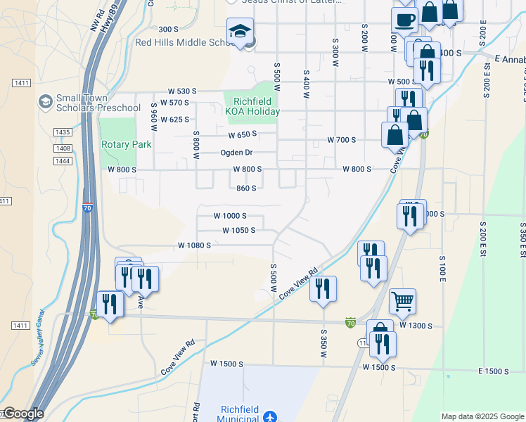 map of restaurants, bars, coffee shops, grocery stores, and more near 554 West 1000 South in Richfield