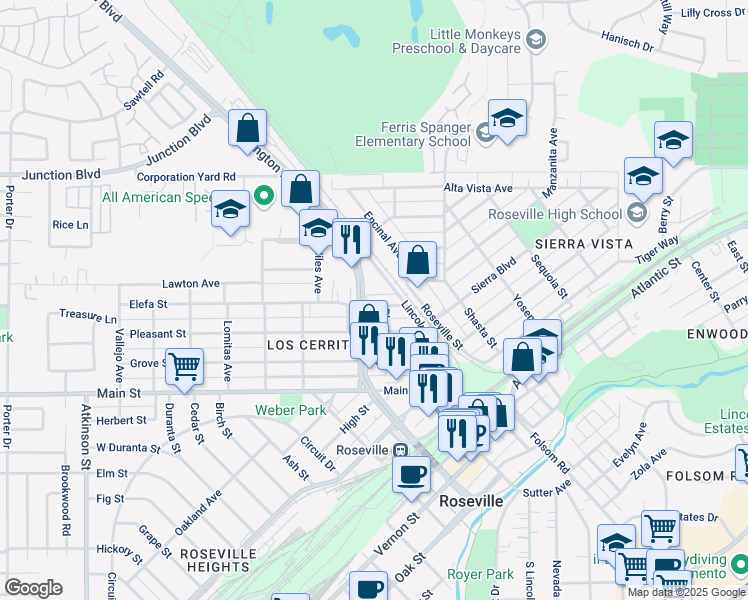 map of restaurants, bars, coffee shops, grocery stores, and more near 208 Elefa Street in Roseville