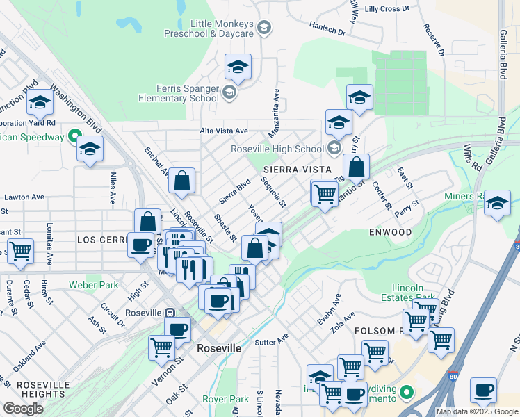map of restaurants, bars, coffee shops, grocery stores, and more near 307 Coronado Avenue in Roseville
