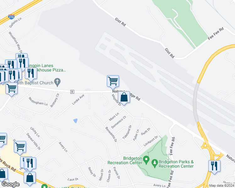 map of restaurants, bars, coffee shops, grocery stores, and more near 11935 Natural Bridge Road in Bridgeton