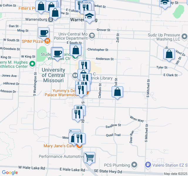 map of restaurants, bars, coffee shops, grocery stores, and more near 312 Jackson Street in Warrensburg