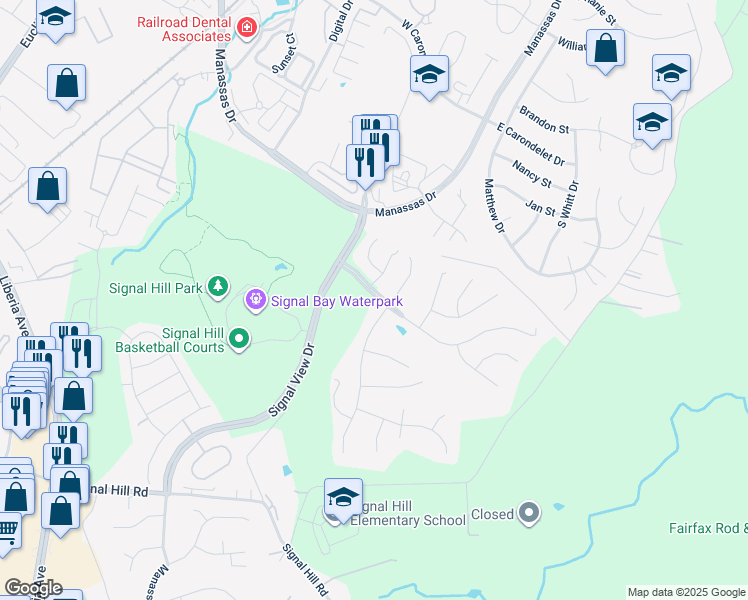 map of restaurants, bars, coffee shops, grocery stores, and more near in Manassas