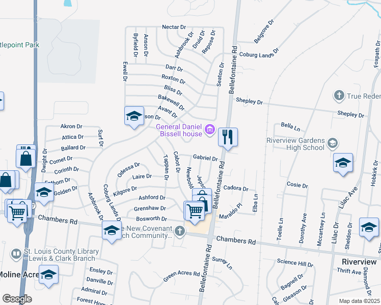 map of restaurants, bars, coffee shops, grocery stores, and more near 1000 Addison Drive in St. Louis
