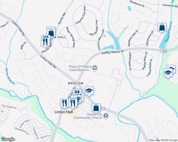map of restaurants, bars, coffee shops, grocery stores, and more near 9285 Crestview Ridge Drive in Linton Hall