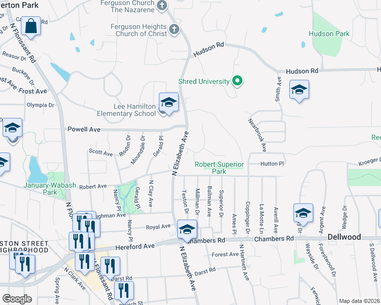 map of restaurants, bars, coffee shops, grocery stores, and more near 513 Larkin Avenue in Ferguson
