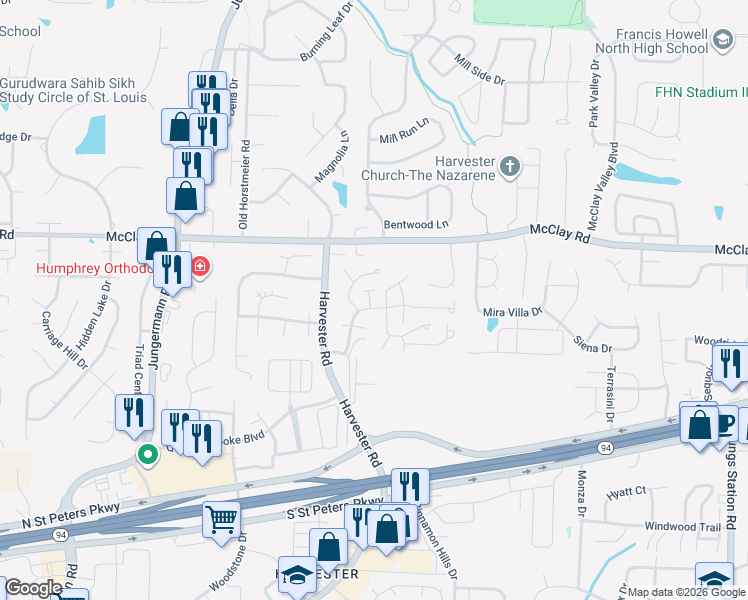 map of restaurants, bars, coffee shops, grocery stores, and more near 931 Sugar Lake Court in St. Peters