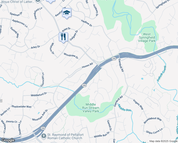 map of restaurants, bars, coffee shops, grocery stores, and more near 7362 Verdosa Court in Springfield