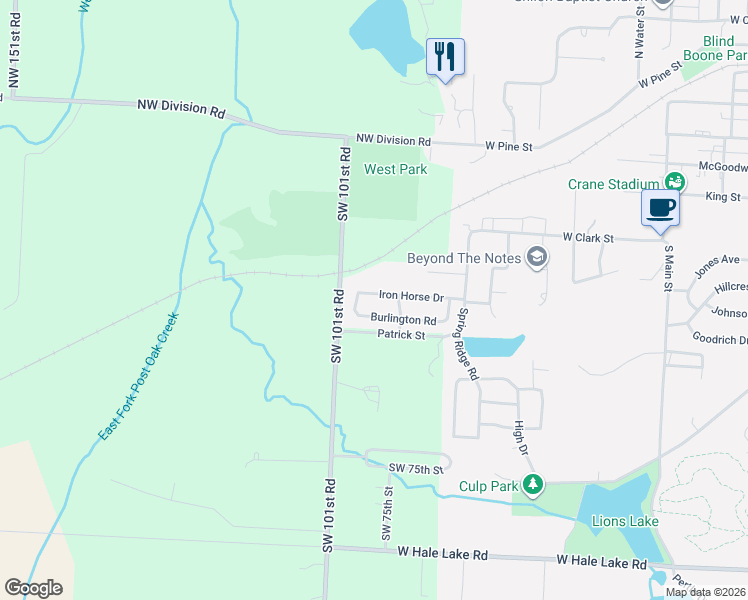 map of restaurants, bars, coffee shops, grocery stores, and more near 737 Iron Horse Drive in Warrensburg