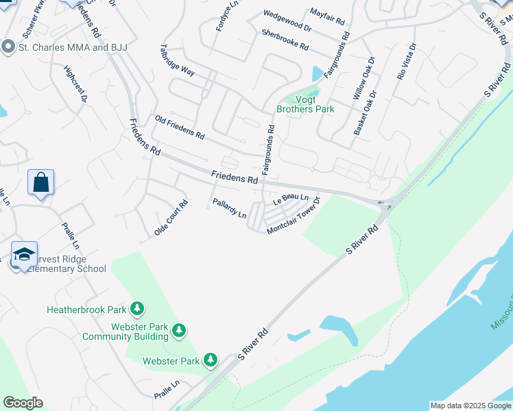 map of restaurants, bars, coffee shops, grocery stores, and more near 412 Montclair Tower Drive in Saint Charles