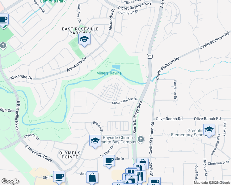 map of restaurants, bars, coffee shops, grocery stores, and more near 83 Huddlestone Circle in Roseville