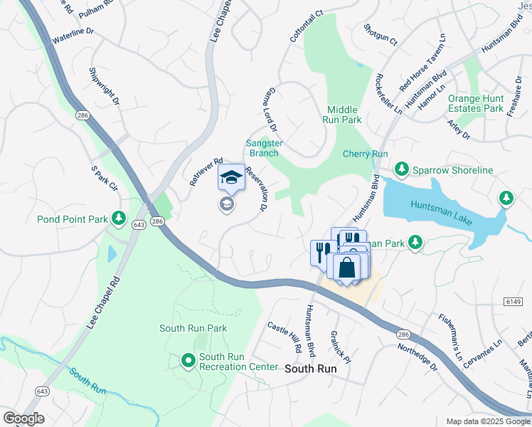 map of restaurants, bars, coffee shops, grocery stores, and more near 7411 Reservation Drive in Springfield