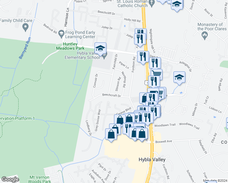 map of restaurants, bars, coffee shops, grocery stores, and more near 7420 Stinson Road in Alexandria