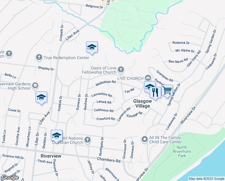 map of restaurants, bars, coffee shops, grocery stores, and more near 307 Banff Circle in St. Louis