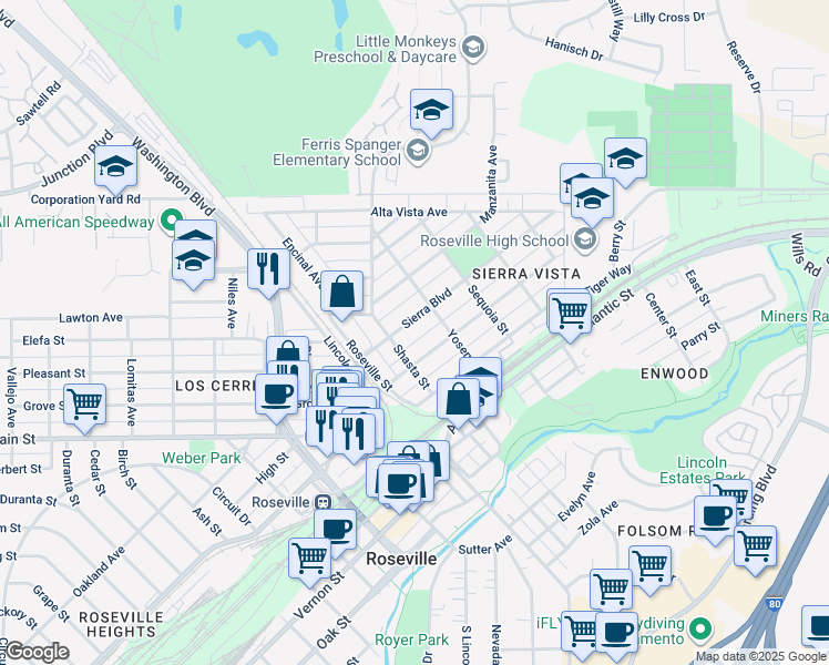 map of restaurants, bars, coffee shops, grocery stores, and more near 228 Sierra Boulevard in Roseville