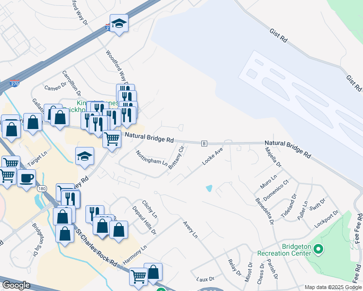 map of restaurants, bars, coffee shops, grocery stores, and more near 12073 Natural Bridge Road in Bridgeton