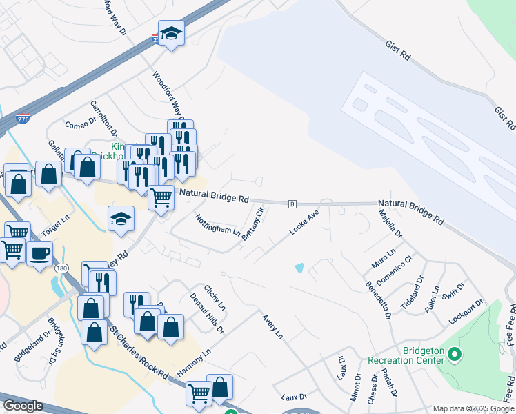 map of restaurants, bars, coffee shops, grocery stores, and more near 12073 Natural Bridge Road in Bridgeton