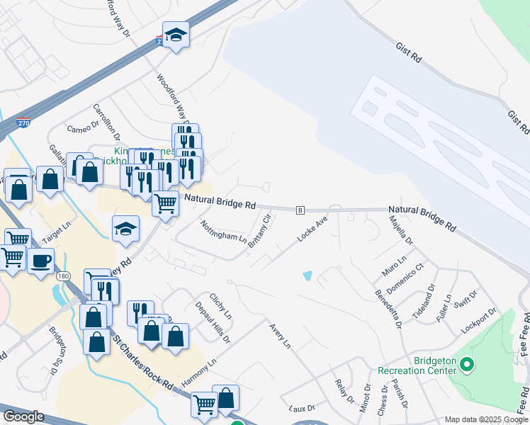 map of restaurants, bars, coffee shops, grocery stores, and more near 4015 Brittany Circle in Bridgeton