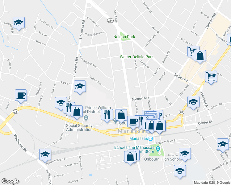 map of restaurants, bars, coffee shops, grocery stores, and more near 9209 Peabody Street in Manassas