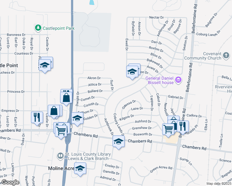 map of restaurants, bars, coffee shops, grocery stores, and more near 10200 Ashbrook Drive in St. Louis