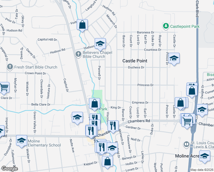 map of restaurants, bars, coffee shops, grocery stores, and more near 10201 Edgefield Drive in St. Louis