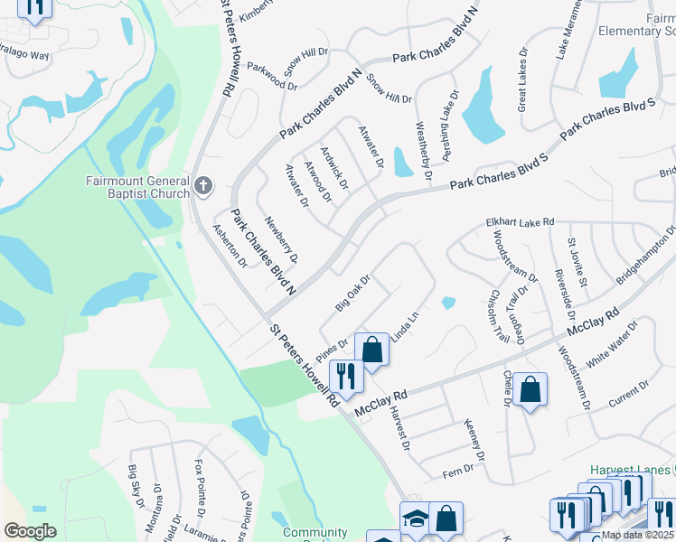 map of restaurants, bars, coffee shops, grocery stores, and more near 22 Park Charles Boulevard South in St. Peters