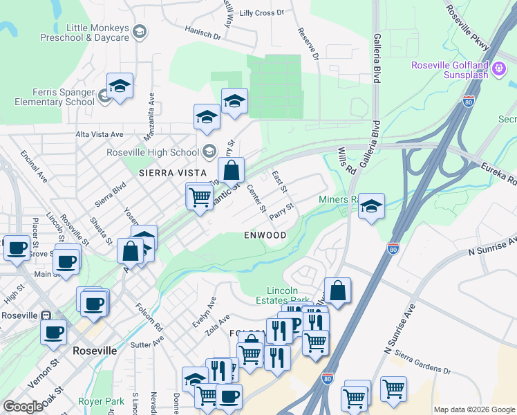 map of restaurants, bars, coffee shops, grocery stores, and more near 854 Shearer Street in Roseville
