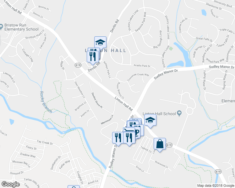 map of restaurants, bars, coffee shops, grocery stores, and more near 9324 Rustic Breeze Court in Bristow