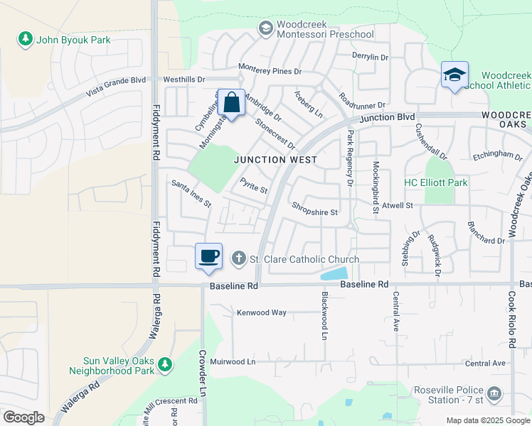 map of restaurants, bars, coffee shops, grocery stores, and more near 1880 Junction Boulevard in Roseville