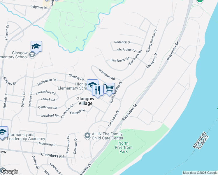 map of restaurants, bars, coffee shops, grocery stores, and more near 125 Perthshire Road in St. Louis