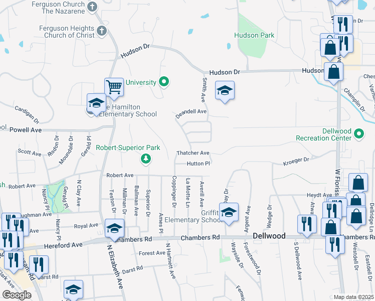map of restaurants, bars, coffee shops, grocery stores, and more near 809 Nearbrook Avenue in Ferguson
