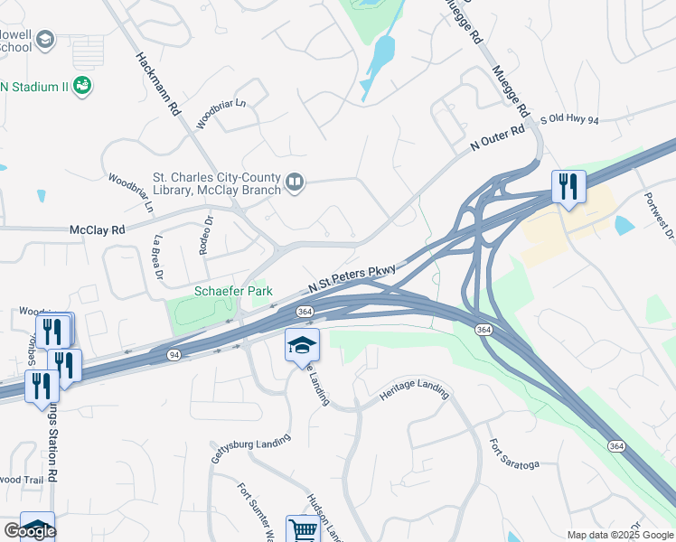 map of restaurants, bars, coffee shops, grocery stores, and more near 2580 S Old Highway 94 in St Charles
