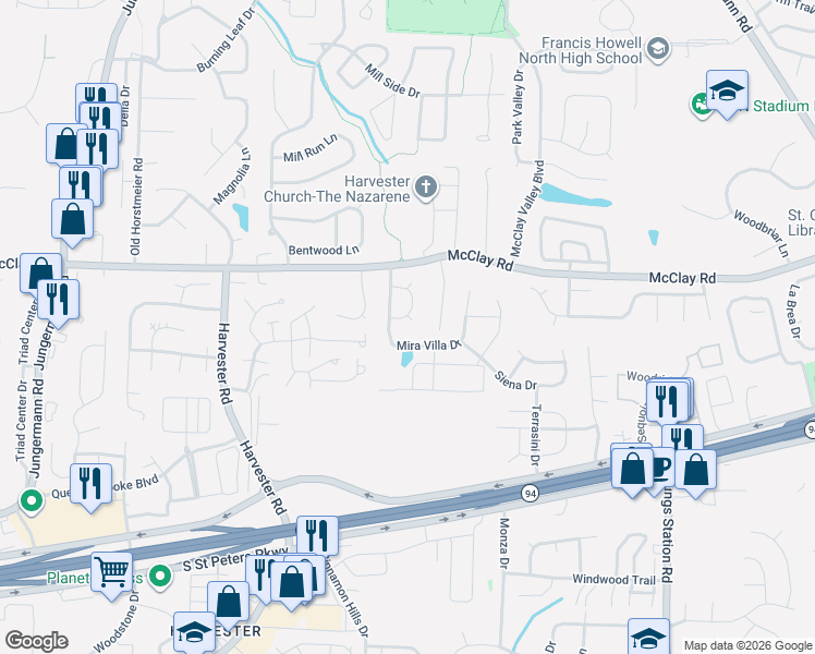 map of restaurants, bars, coffee shops, grocery stores, and more near 21 McClay Village Circle in St. Peters