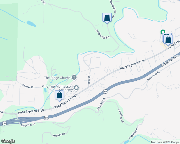 map of restaurants, bars, coffee shops, grocery stores, and more near 2881 Blair Road in Pollock Pines