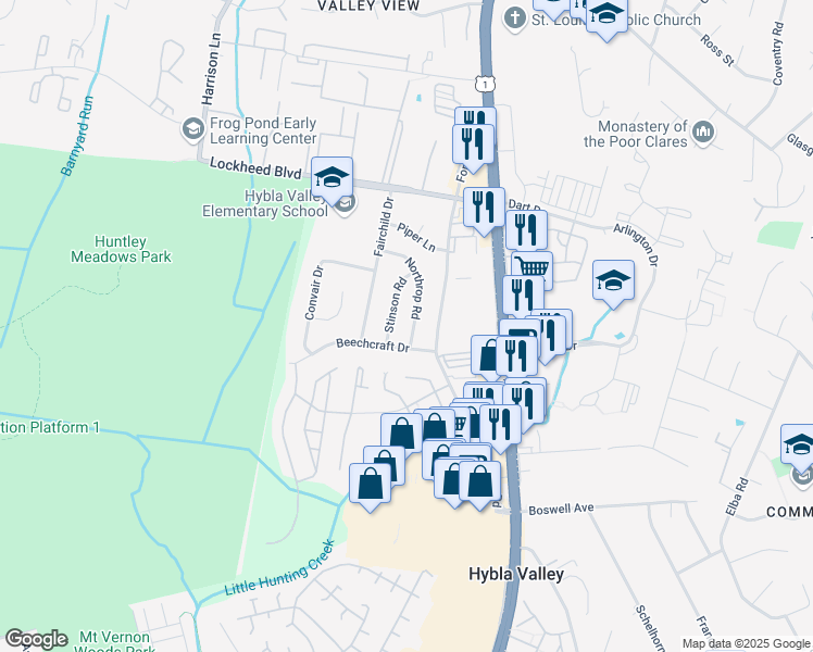 map of restaurants, bars, coffee shops, grocery stores, and more near 7430 Northrop Road in Alexandria