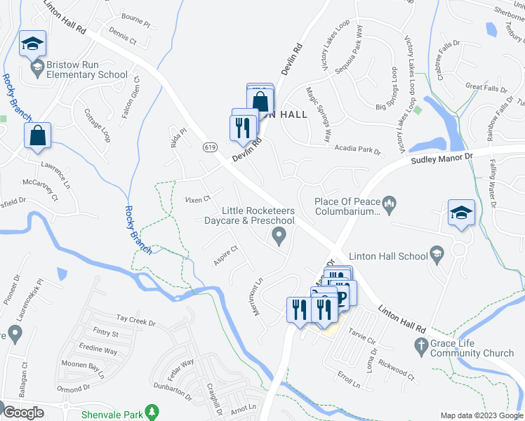 map of restaurants, bars, coffee shops, grocery stores, and more near 9305 Devlins Grove Place in Bristow
