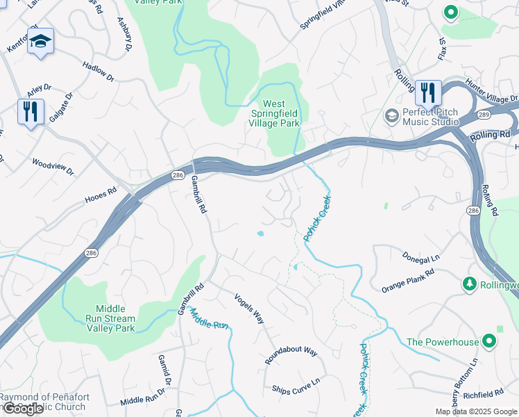 map of restaurants, bars, coffee shops, grocery stores, and more near 8219 Southwater Court in Springfield