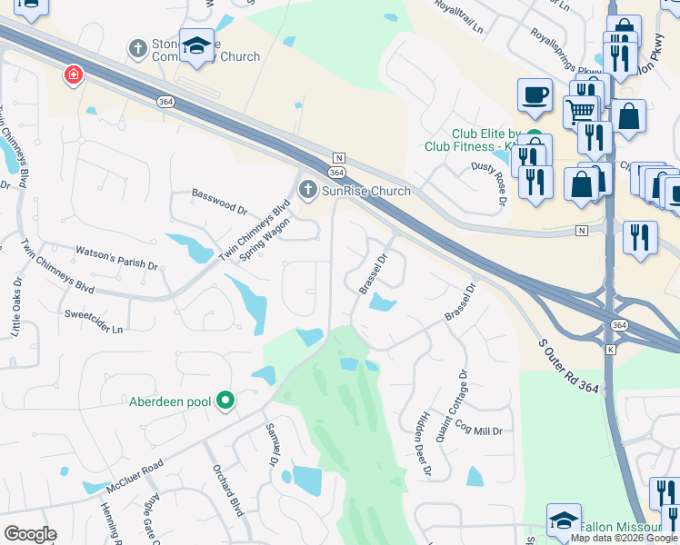 map of restaurants, bars, coffee shops, grocery stores, and more near 2147 Farnsworth Drive in O'Fallon