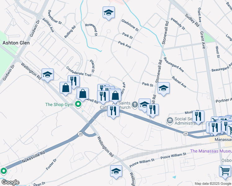 map of restaurants, bars, coffee shops, grocery stores, and more near 9235 Almond Street in Manassas