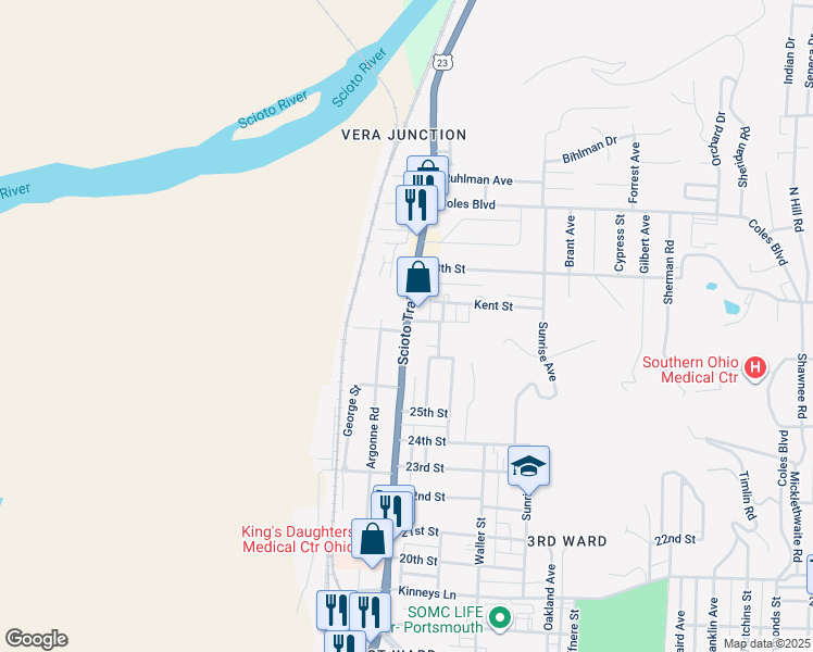 map of restaurants, bars, coffee shops, grocery stores, and more near Scioto Trail in Portsmouth