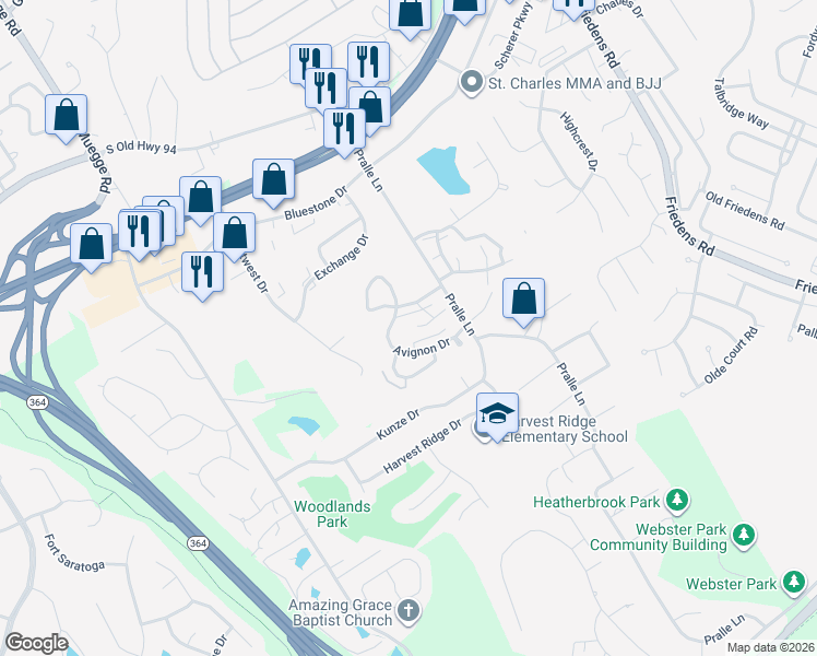 map of restaurants, bars, coffee shops, grocery stores, and more near 2059 Beau Court in Saint Charles