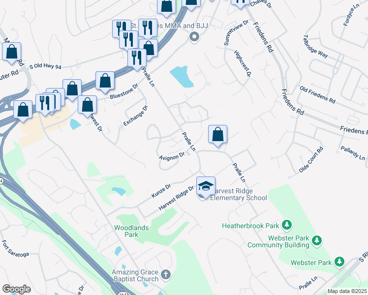 map of restaurants, bars, coffee shops, grocery stores, and more near 2019 Avignon Drive in Saint Charles