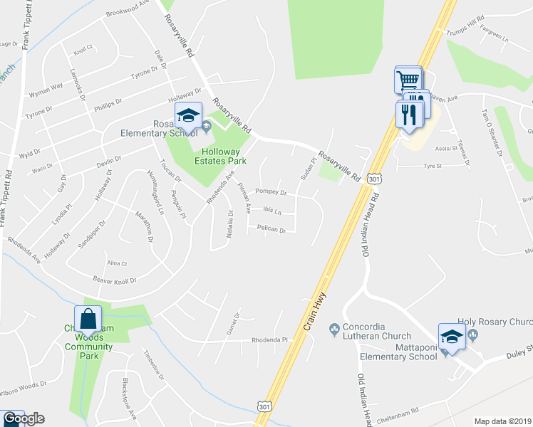 map of restaurants, bars, coffee shops, grocery stores, and more near 11007 Ibis Lane in Upper Marlboro
