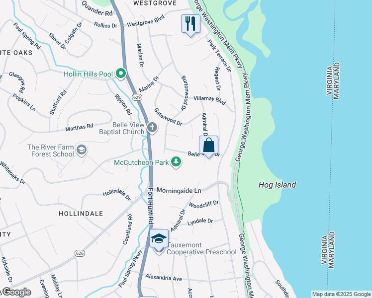 map of restaurants, bars, coffee shops, grocery stores, and more near 1208 Belle Vista Drive in Alexandria